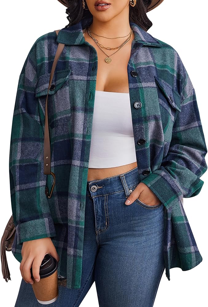 Zeagoo Women's Plus Size Flannel Plaid Shacket Button Down Flannel Shirts Long Sleeve Casual Fall Jacket 2024