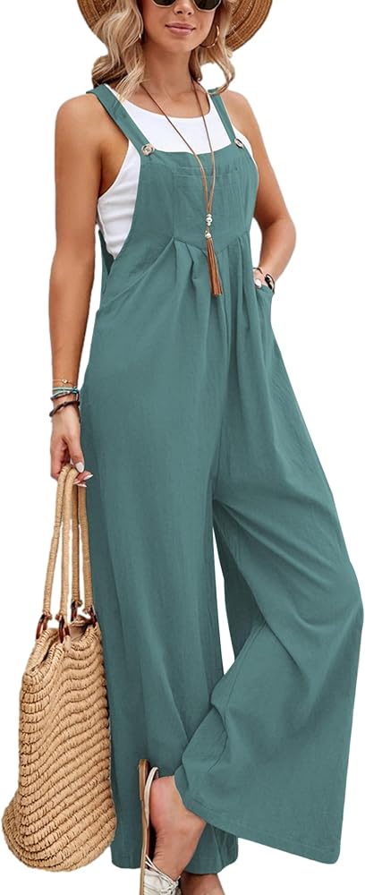 Women's Overalls Jumpsuit Casual Loose Cotton Linen Adjustable Strap Wide Leg Jumpsuit Outfits with Pockets