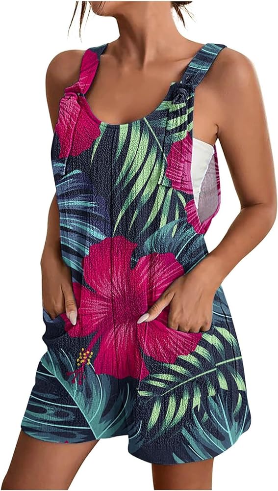 Hawaii Tropical Print Short Jumpsuits Women Summer Beach One Piece Wide Leg Rompers Sleeveless Overalls with Pockets