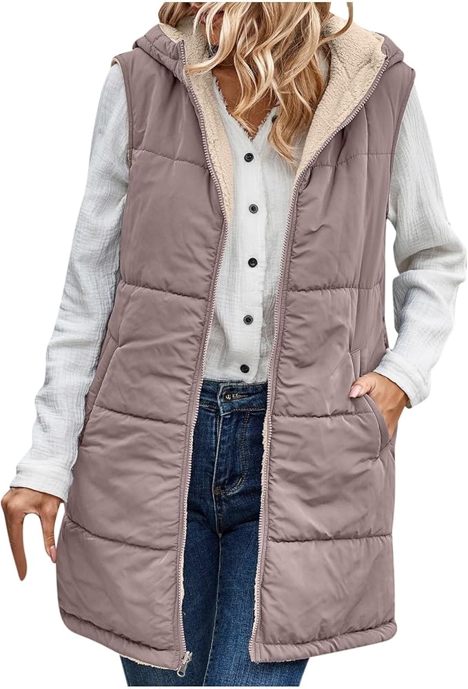 Womens Reversible Vests 2023 Sleeveless Fleece Jacket Zip Up Hoodie Pockets Plus Size Long Warm Winter Coat Outerwear