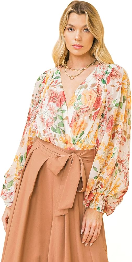 Flying Tomato Womens Chiffon Floral Bodysuit Top