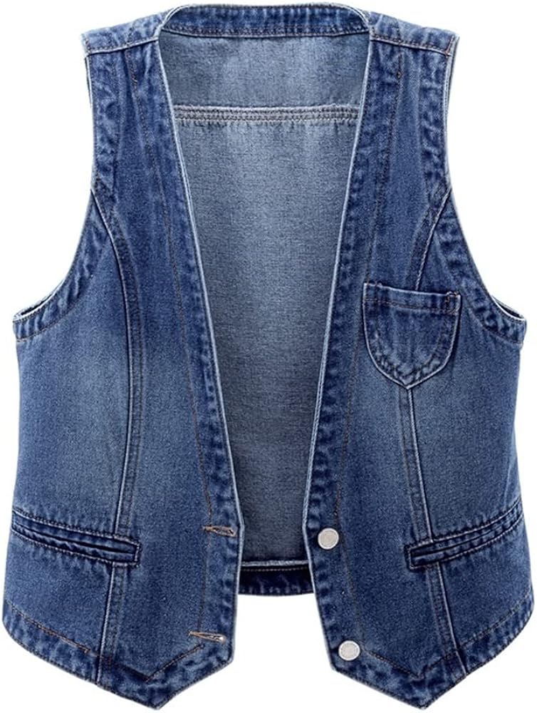 Kedera Women's Denim Vest V Neck Button Up Sleeveless Jean Jacket Vests With Pockets