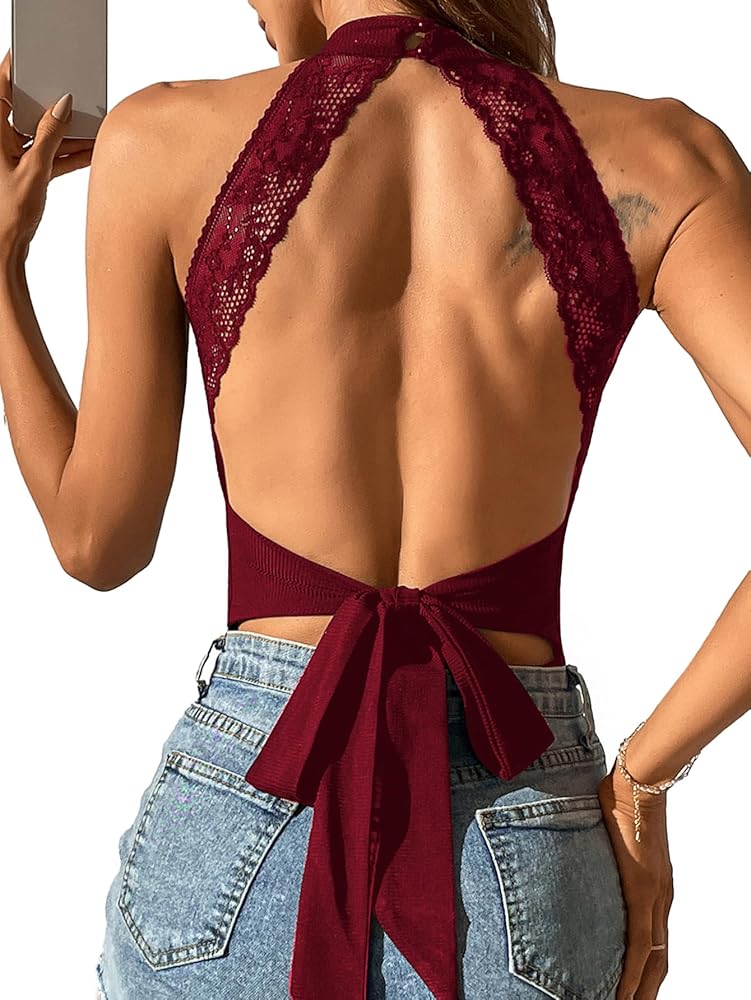 Milumia Women's Ribbed Contrast Lace Knot Backless Halter Tops Sleeveless Bodysuit Red Burgundy Small