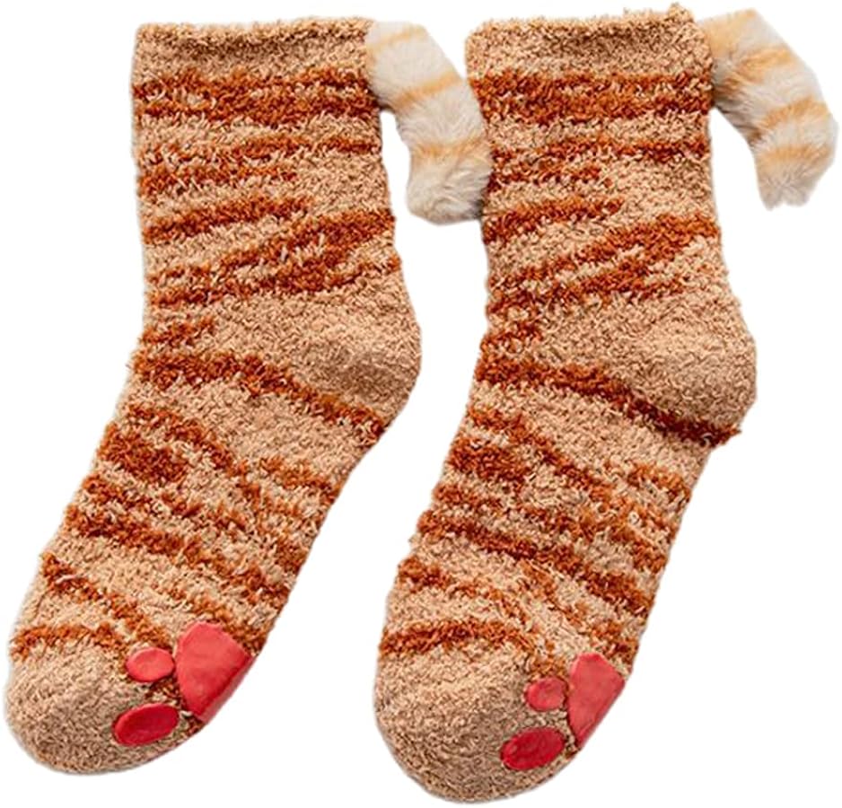 FEITIANWUGONG Women Winter Cute Cat Paw Fuzzy Slipper Socks with Grippers Cartoon 3D Kitten Plush Tail Anti-Skid Fluffy Warm Floor Sleeping Hosiery