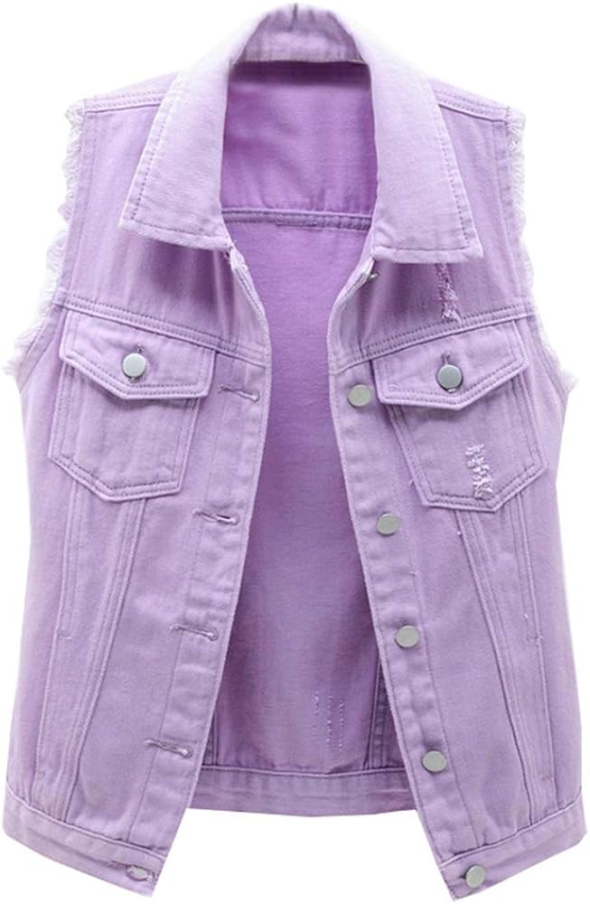 LifeShe Women's Button Up Distressed Denim Sleeveless Vest Jean Jacket With Frayed Sleeve