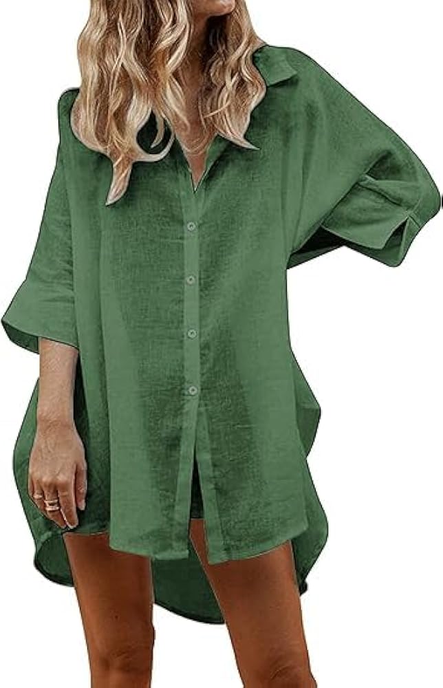 Women's Cotton Linen Shirts Sexy Swimwear Bikini Cover Ups Shirt Dress Army Green