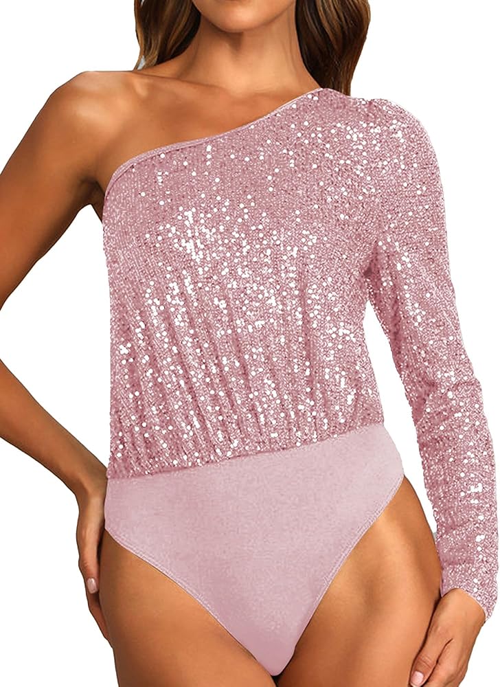 Women Sequins Bodysuit One Shoulder Long Sleeve Bodysuit Tops Tank Top Bodysuit Jumpsuits