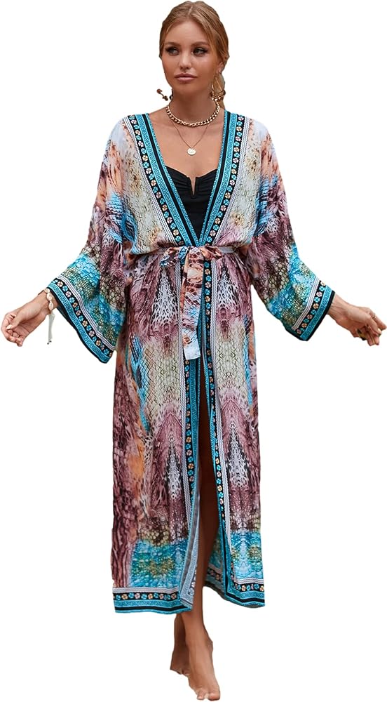 Geometric print cardigans for women kimono long sleeve color block pool cover up holiday cardigans oversized kimonos