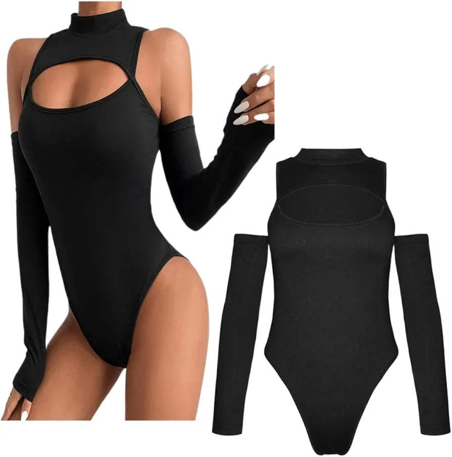 Women Sexy Bodysuit Tops Irregular Hollow One-Piece Jumpsuit (Color : Black, Size : M)