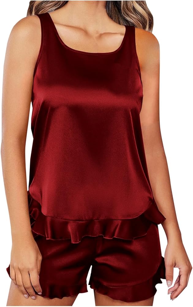 Ruffle Satin Pajama Set Women Silk Loungewear Summer Sleeveless Boat Neck Tank Tops and Shorts 2 Piece Sleepwear