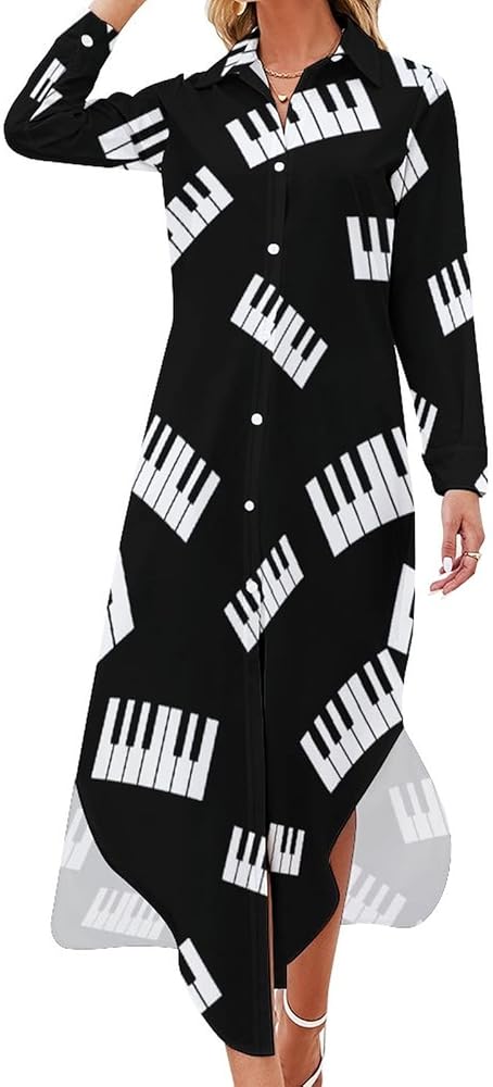 Piano Keys Shirt Dresse Knee Length Long Bikini Cover-Up Button Down Side Split V-Neck Long Sleeve Blouse Top