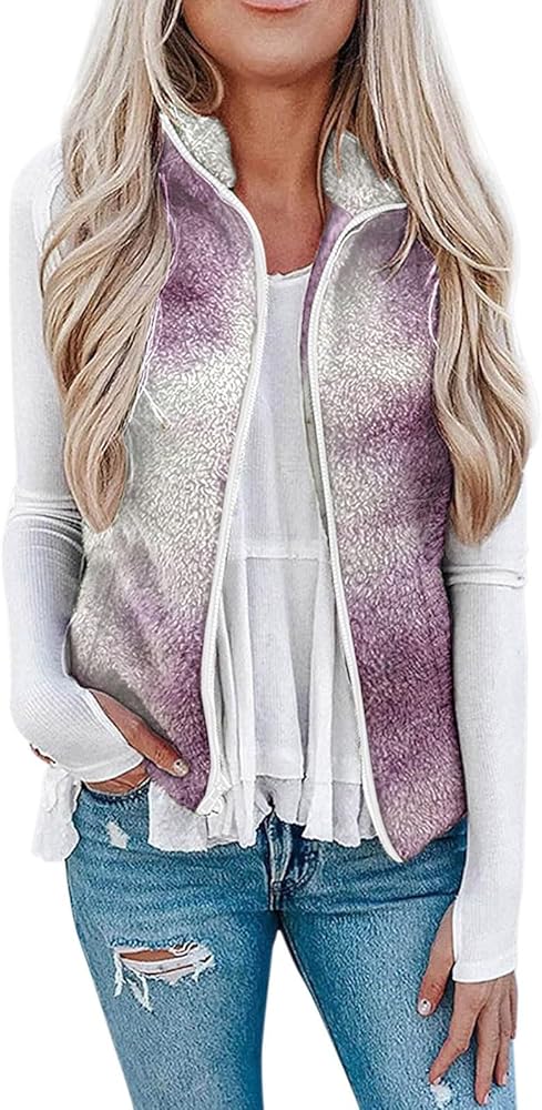 Fleece Vests For Women,2023 Winter Trendy Lapel Zip Up Sleeveless Fuzzy Sherpa Jacket,Casual Soft Lightweight Waistcoat