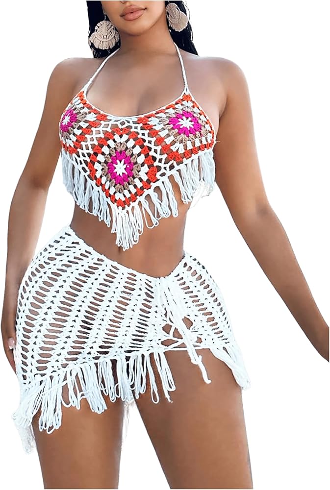 SHENHE Women's 2 Piece Bathing Suit Crochet Halter Tassel Hollow Out Boho Cover Ups Set