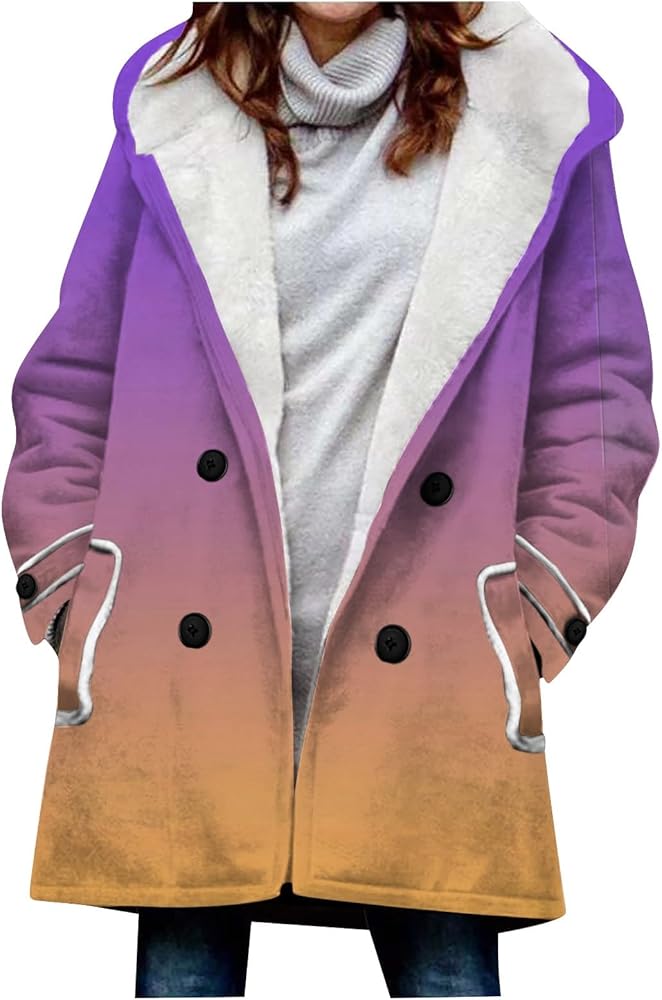 Women's Trench Coats Large Jacket With Warm And Plush Gradient Printed Hooded Button Jacket Pockets Coat, S-3XL