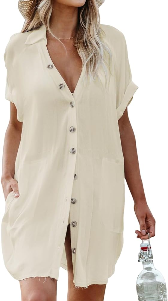 Womens Bathing Suit Cover Ups Bikini Swimsuit Coverup Summer Button Down Beach Dress Shirt Beachwear with Pockets