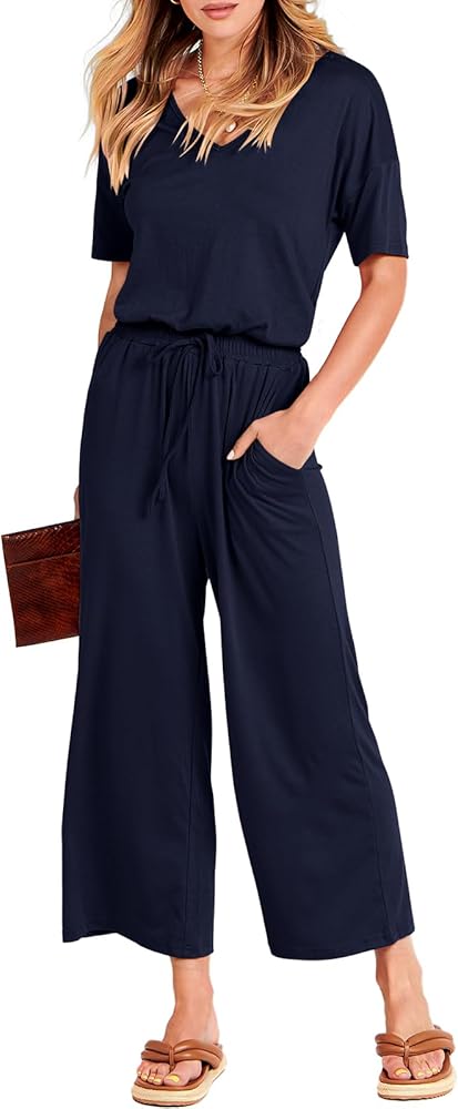 ANRABESS Women Summer Casual Short Sleeve V Neck Elastic Waist Wide Leg Cropped Pants Jumpsuits Rompers with Pockets