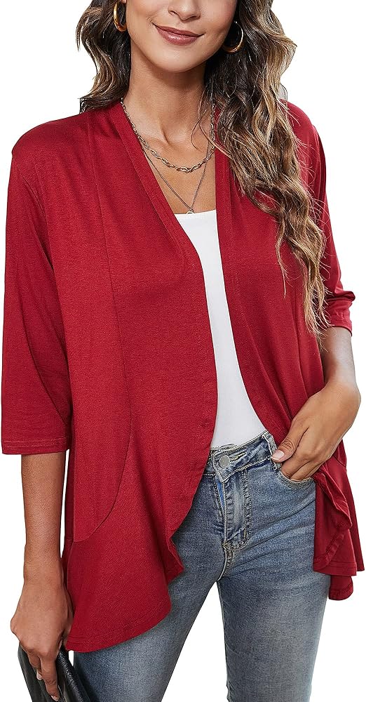 Chunoy Women Casual Lightweight Open Front Solid 3/4 Sleeve Draped Ruffles Kimono Cardigan