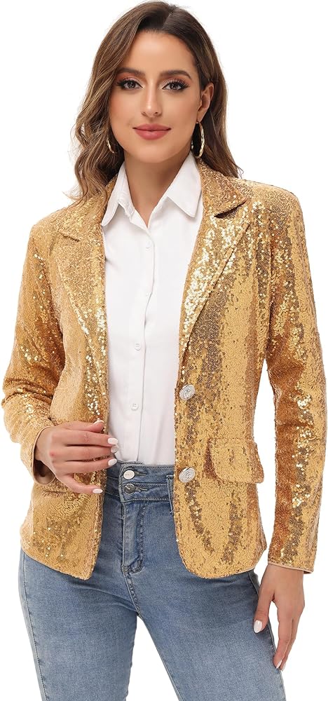 Anna-Kaci Women's Evening Sparkle Sequins Open Front Long Sleeve Blazer Jacket