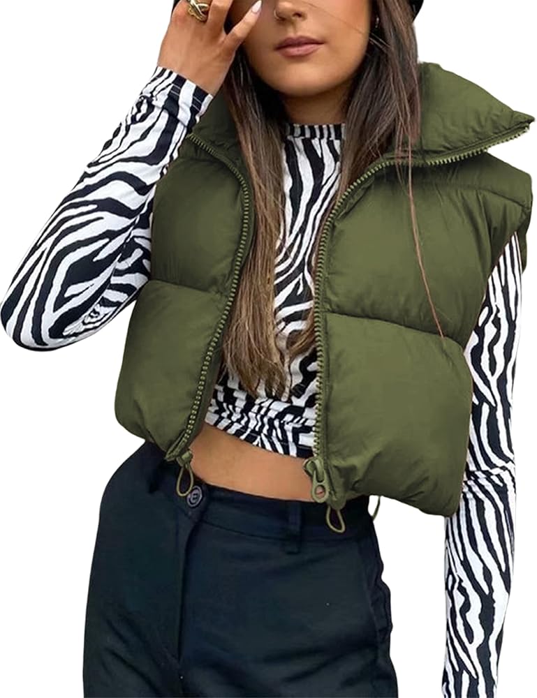 Yeokou Women's Cropped Puffer Vest Zip Up Stand Collar Sleeveless Outerwear with Pockets