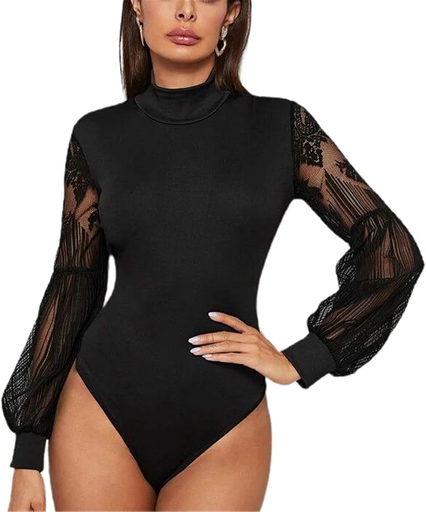 Women's Lace Sleeve Mock Turtle Neck Tank Tops/Long Sleeve Bodysuit Jumpsuit