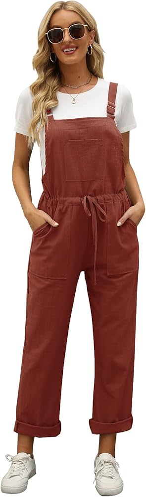 PEHMEA Womens Casual Overalls Adjustable Strap Drawstring Loose Fit Cotton Linen Jumpsuits Bib Rompers