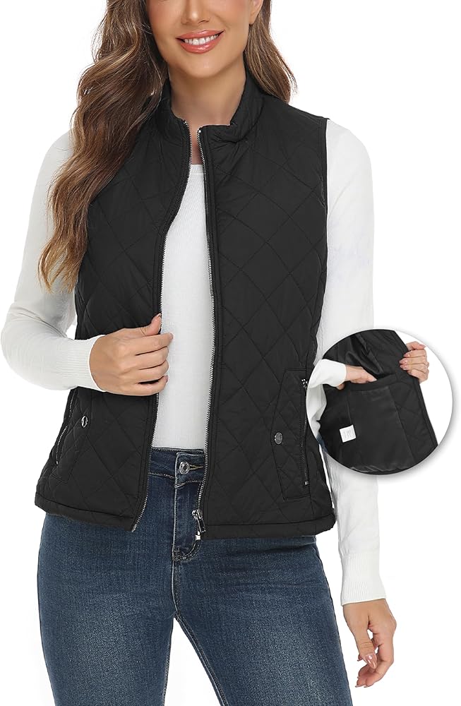 YESLIFE 2024 Women's Outwear Quilted Vest With One Inside Pocket - Stand Collar Lightweight Padded Gilet for Women