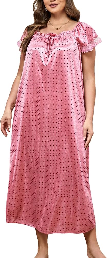 WDIRARA Women's Plus Size Sleepwear Polka Dots Tie Front Lace Trim Short Sleeve Satin Cami Night Dress