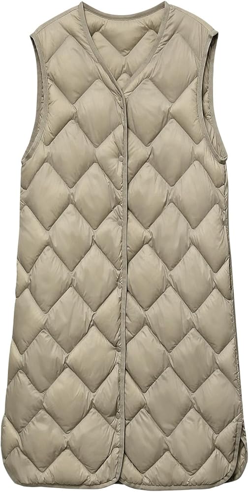 Women Long Button Down V Neck Puffer Vest Sleeveless Quilted Lightweight Padded Jacket Splid Side Solid Waistcoat