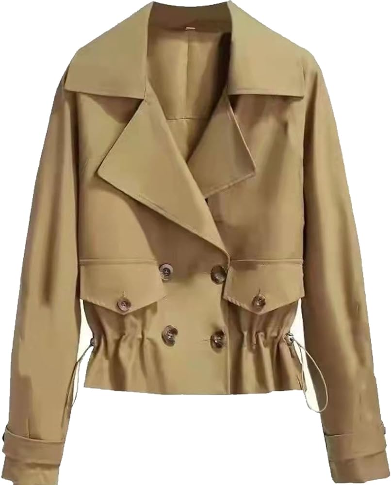 Korean Style Short Fashion Trench Coat Women's Casual Lapel Double Breasted Trench Jacket Loose Cropped Outwear