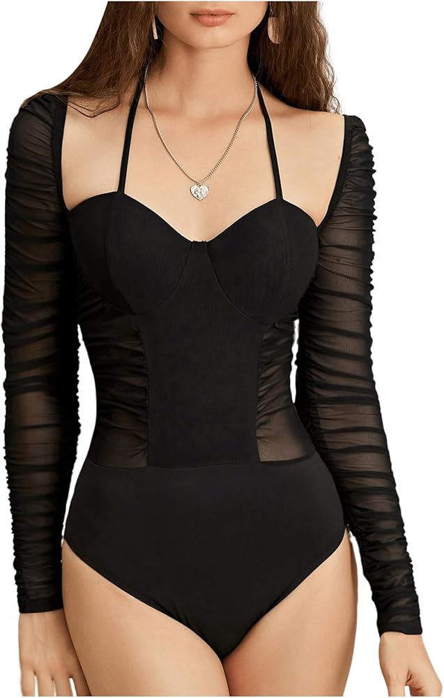 MakeMeChic Women's Casual Sheer Mesh Halter Neck Tie Back Ruched Long Sleeve Bodysuit Shirts Tops