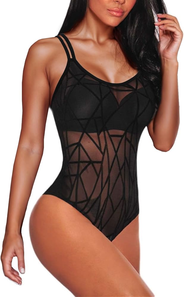 JomeDesign Bodysuit for Women Backless Cami Sexy Black Sheer Mesh Bodysuit Clubwear