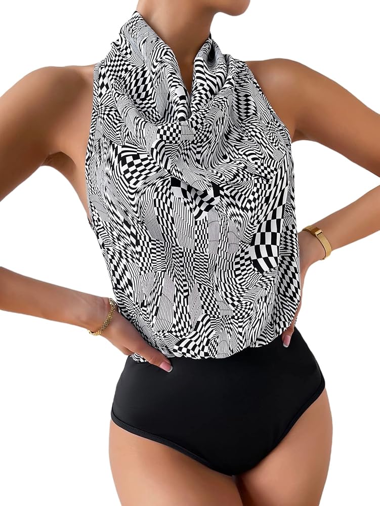 WDIRARA Women's Checkered Print Cowl Neck Sleeveless Draped Casual Bodysuit Top