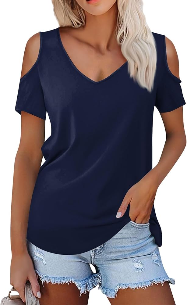 Women's Tee Shirts Graphic Short Sleeve Women's Summer Fashion Casual Solid Color V-Neck Short T-Shirt Top, S XXXL