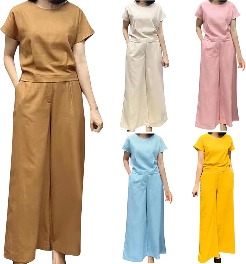 Casual Work Outfits for Women 2023 Summer Sets Short Sleeve Crew Neck Crop Top Wide Leg Long Pants 2 Piece Suit