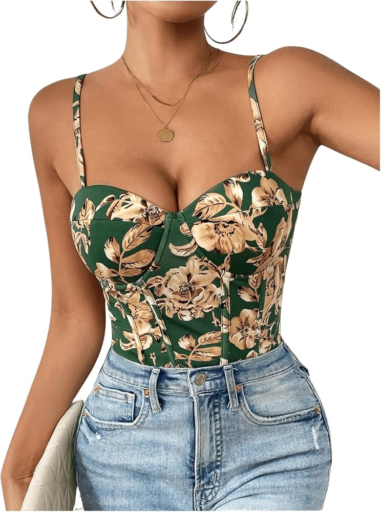 Milumia Women's Floral Spaghetti Straps Bodysuit Going Out Corset Cami Tops