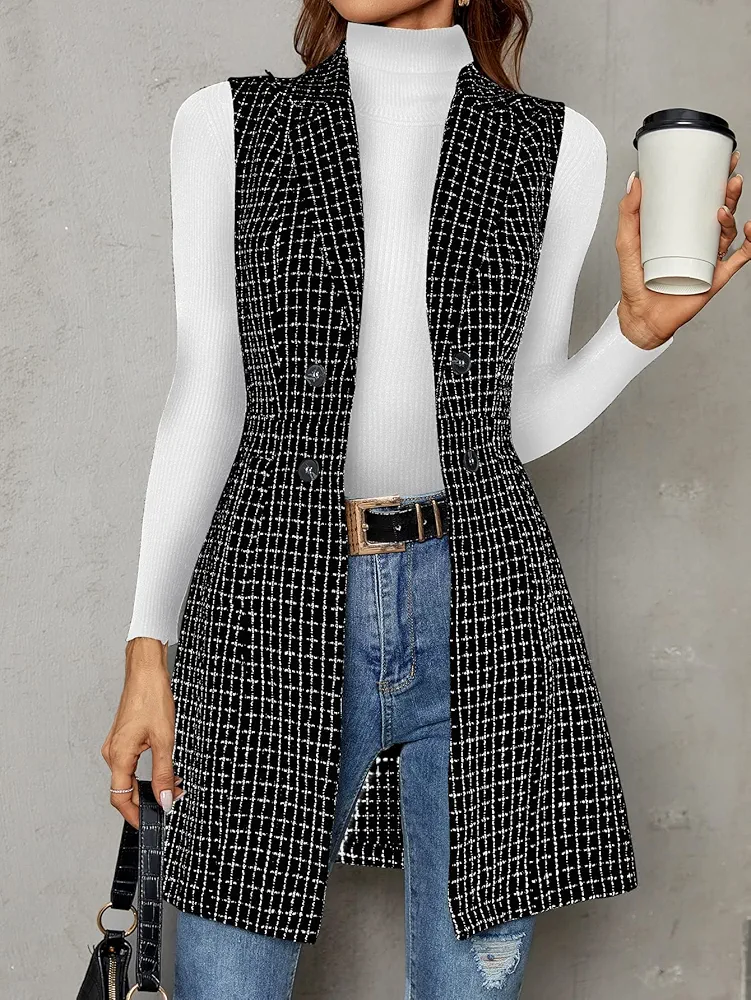 Womens Jackets Jackets for Women Plaid Double Breasted Lapel Collar Vest Coat (Color : Black, Size : Large)