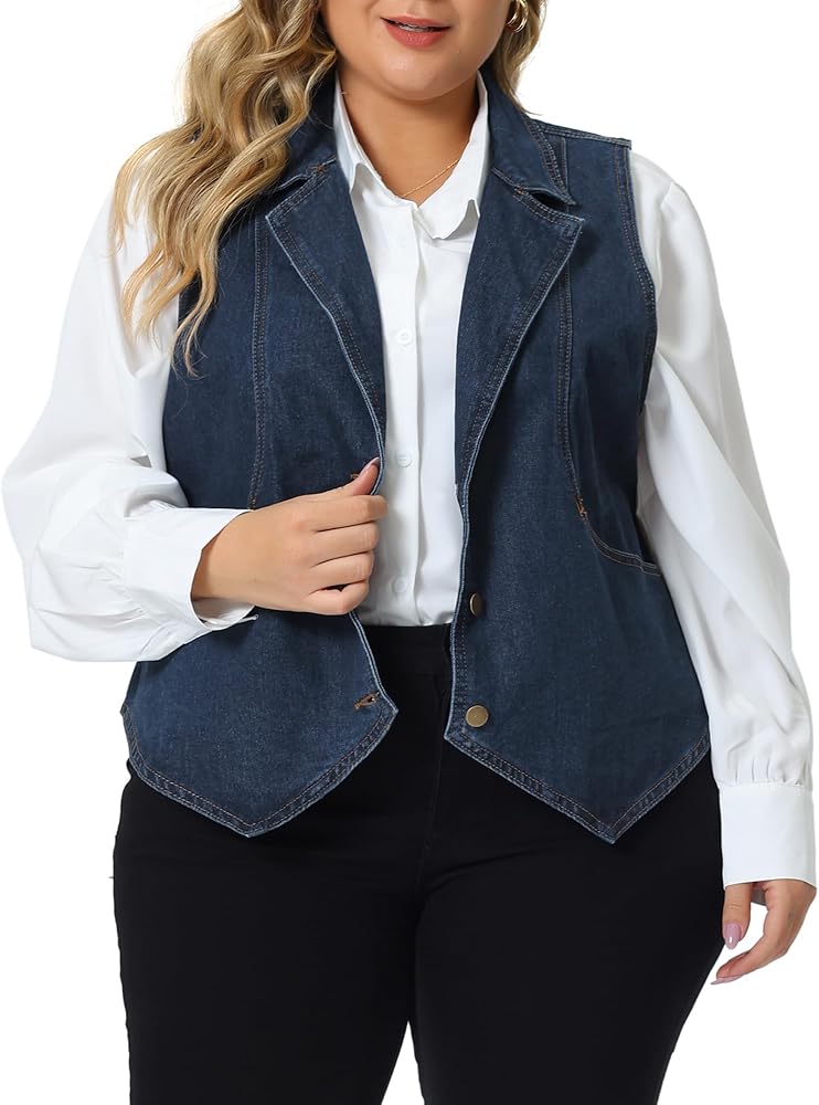 Agnes Orinda Plus Size Denim Vest for Women Lapel Sleeveless Casual Waistcoat Jean Vest Jacket