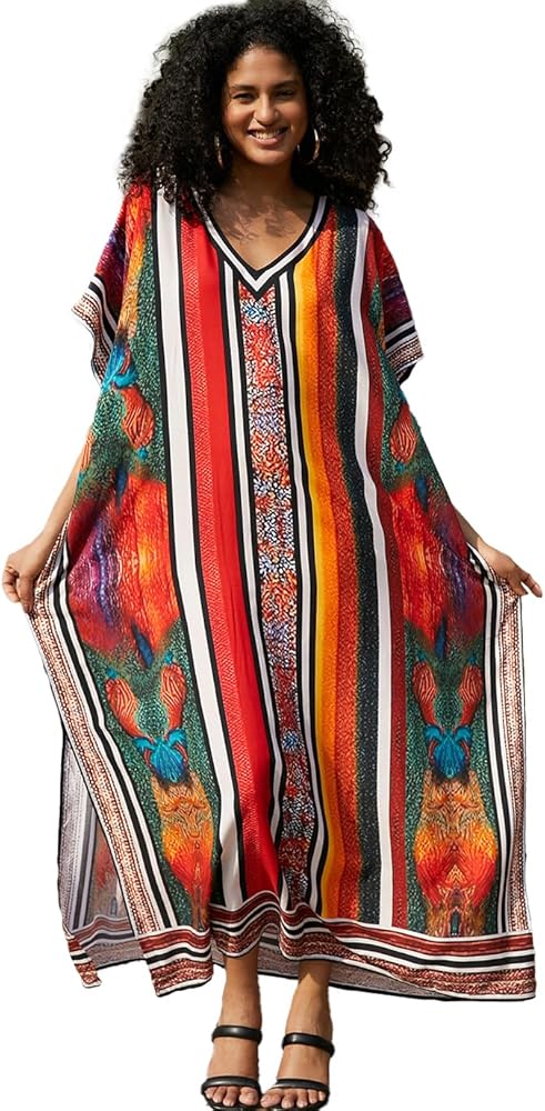 Eddoyee Kaftan Dresses for Women, Long Ethnic Print Caftans Batwing Sleeve Plus Size Swim Cover Up Boho Dress