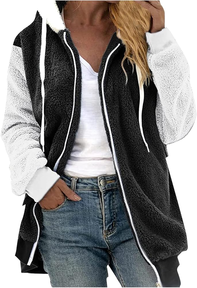 Women's Coats Loose Large Size Plush Multicolor Paneled Hooded Zip Jacket Fall Fashion 2023, S-5XL