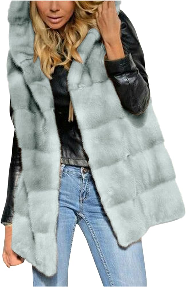 Women's Faux Fur Gilet Vests Thick Fleece Jacket Coat Fuzzy Fleece Sleeveless Hoodie Waistcoat Body Fall/Winter Warmer Solid Vest Hooded Sweater Outwear Tops with Pocket(Gray L)