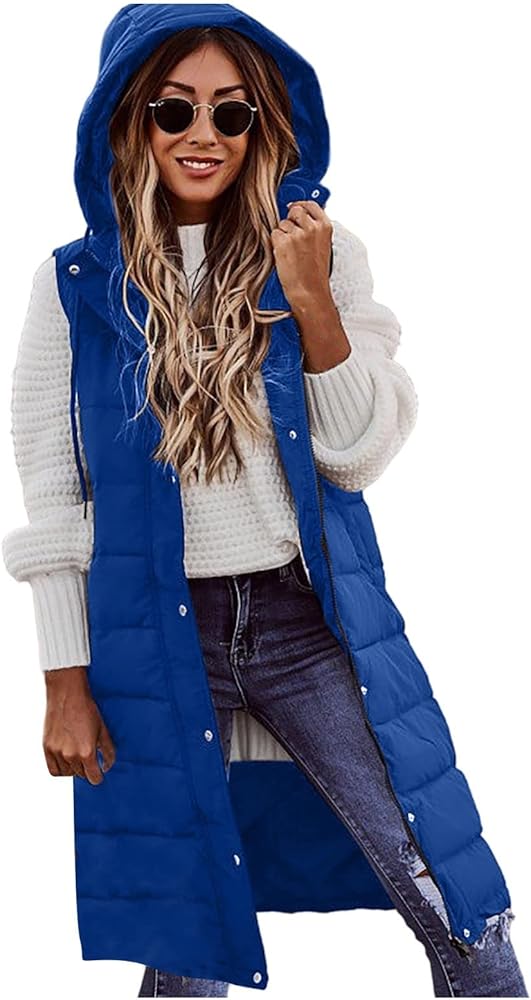 FQZWONG Puffer Jacket Womens Long Puffer Vest Fashion Quilted Lightweight Zip Up Sleeveless Hooded Down Coat Winter Clothes