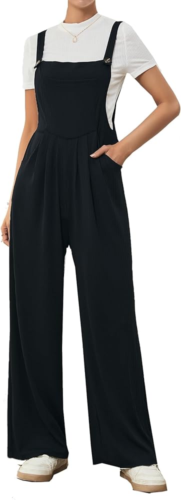 OYOANGLE Women's Waffle Knit Wide Leg Pinafore Pants with Pocket Overall Cami Jumpsuit Romper