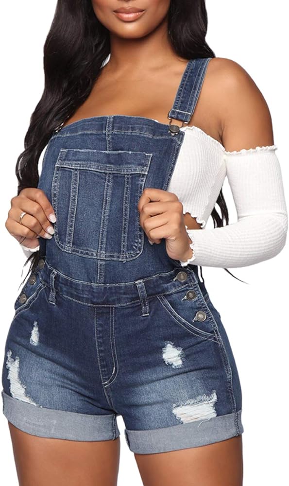 Women's Sexy Distressed Denim Shortall Romper Ripped Denim Jeans Bib Overall Jumpsuits