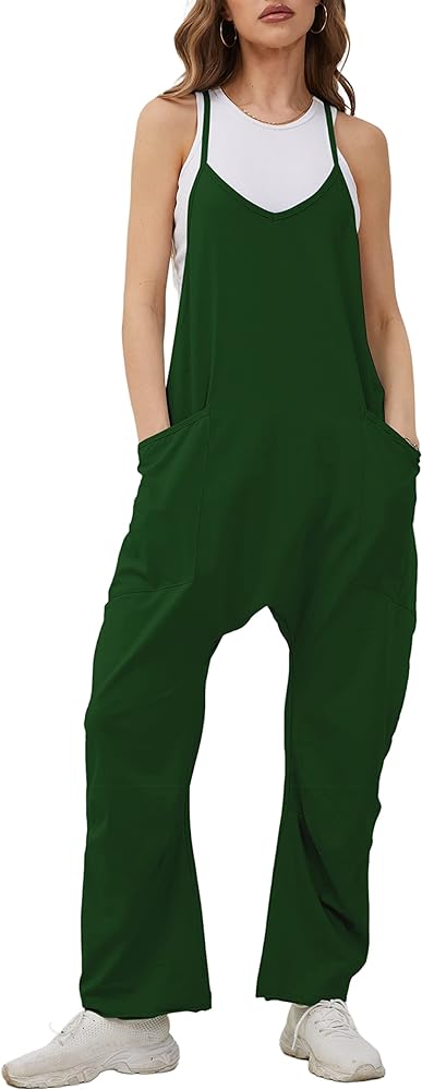 Women's Loose V Neck Sleeveless Jumpsuits Spaghetti Straps Harem Long Pants Overalls with Pockets