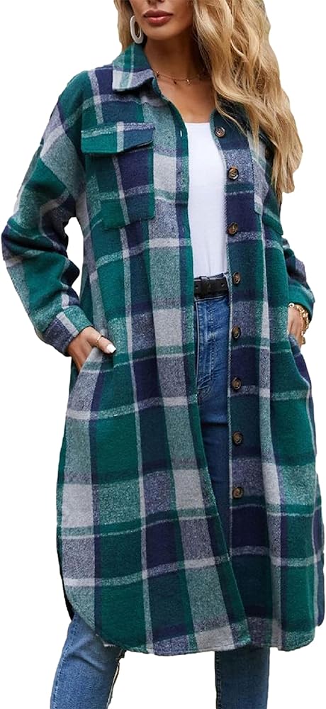 Zontroldy Casual Long Plaid Shirts Shacket Jacket Button Down Long Sleeve Shirts Trench Coats for Women