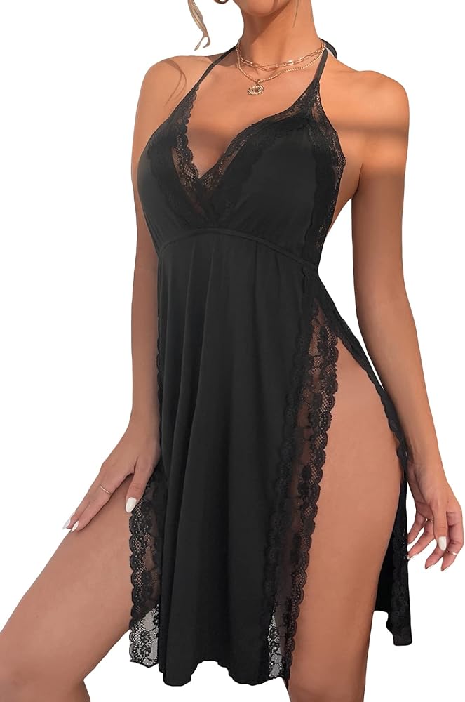 WDIRARA Women's Lace Trim Halter Tie Backless Nightgown Chemise Split Night Dress