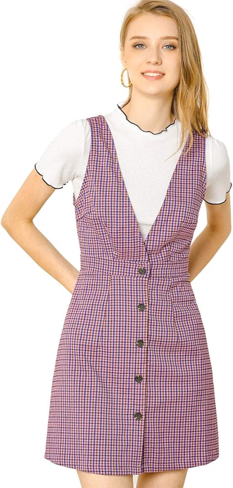 Allegra K Women's Overalls Suspenders Halloween V Neck Plaid Houndstooth Pinafore Dress