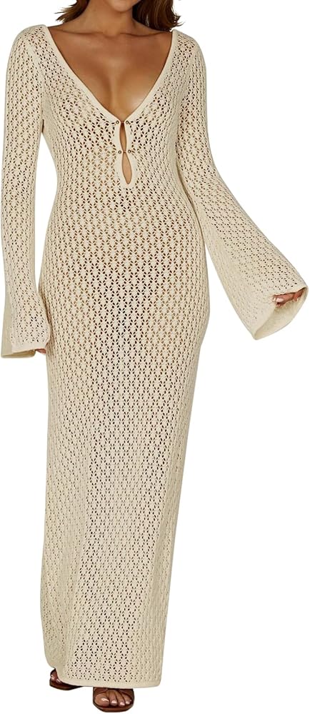 Crochet Swimsuit Cover Up for Women V Neck Maxi Beach Dress Long Sleeve Beachwear Hollow Out Bikini Coverup Dress