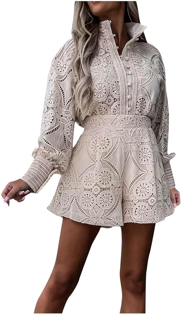 Women's Elegant 2 Piece Outfits - Boho Floral Lace Hollow Button Up Blouse and High Waisted Shorts Set