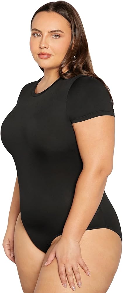 MakeMeChic Women's Plus Size Casual Solid Short Sleeve Round Neck Bodysuit Shirt Top